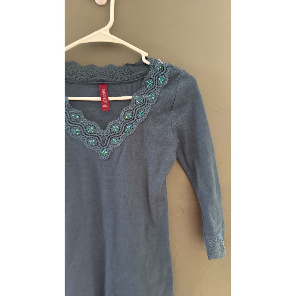 Gitano Womens Vintage Y2k Ribbed V-Neck Top Blue Lace Sequin Trim Fairy Small - Picture 2 of 8